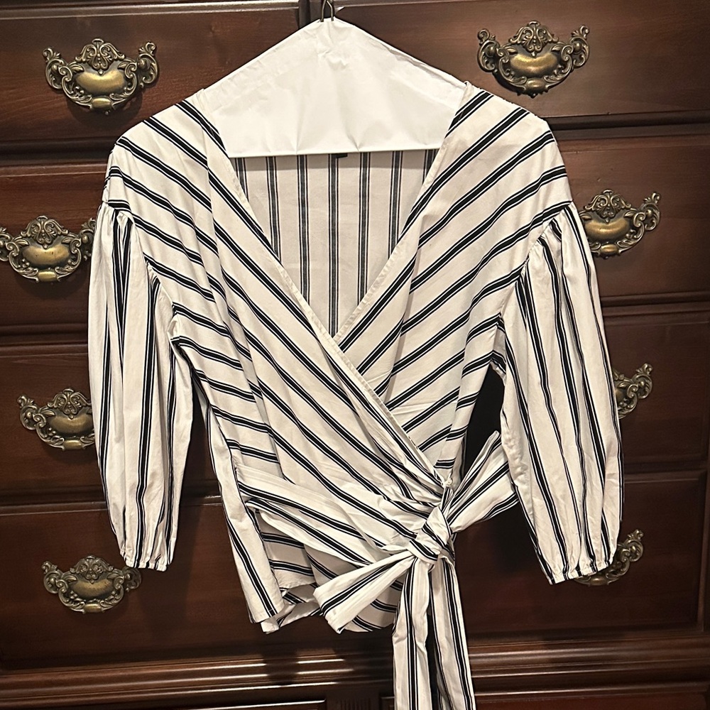 White House Black Market Black and White Striped Wrap Blouse